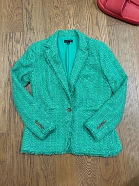 Ann Taylor Teal Tweed Fringe Blazer Jacket